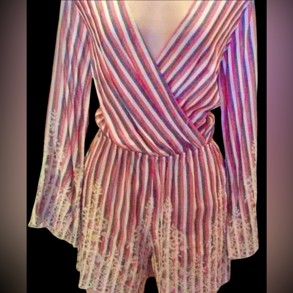 Embroidery Striped Pinkish red and White Grey Romper (3)